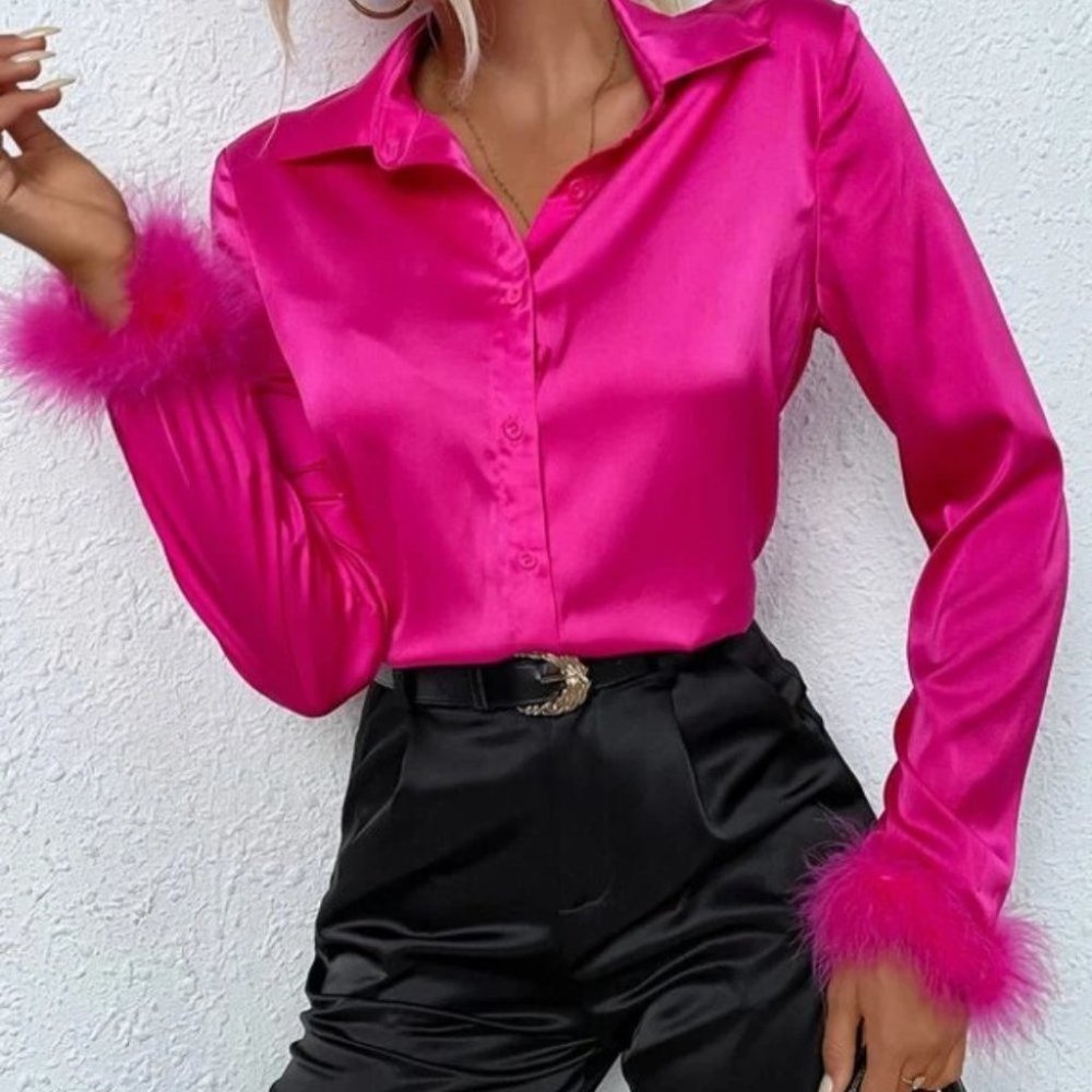 Feather Fuzzy Cuffed Button Down Satin Blouse Top pink - Picture 6 of 6